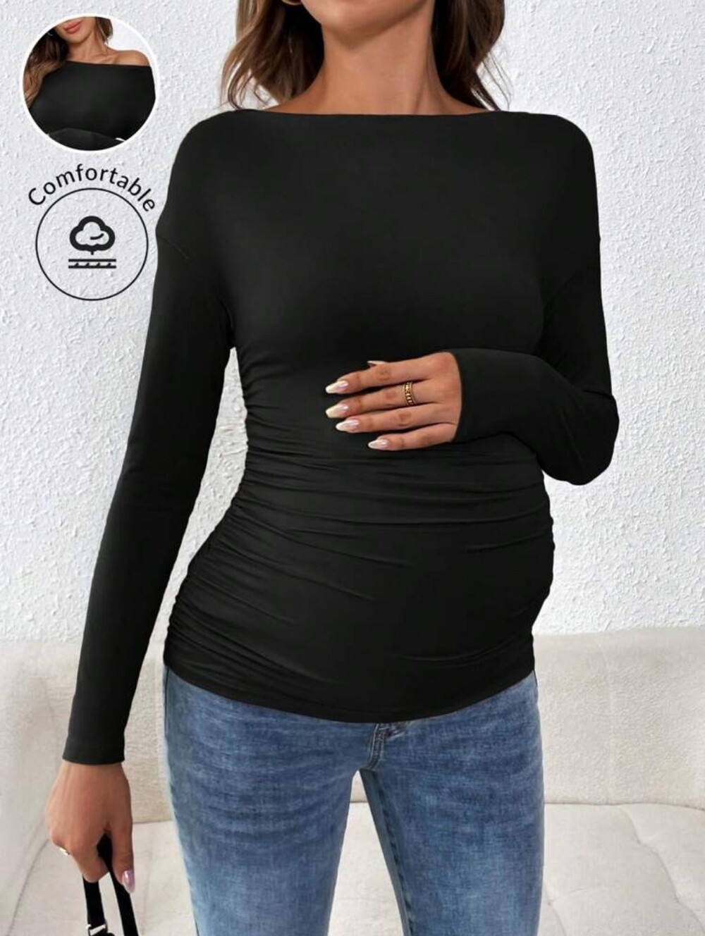Black Maternity Long-Sleeve Ruched Top
